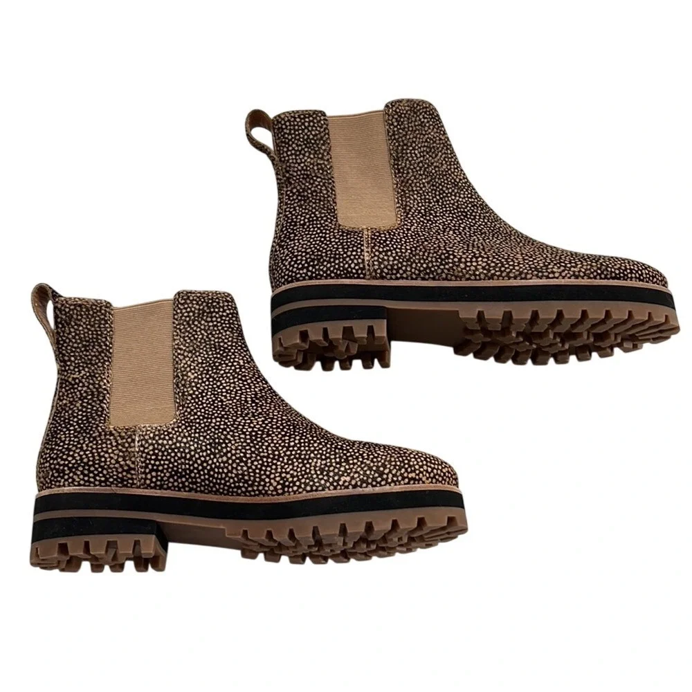 New Madewell Chelsea Boot Women 8 Brown Mini Dot Calf Hair Animal Print Lug Sole